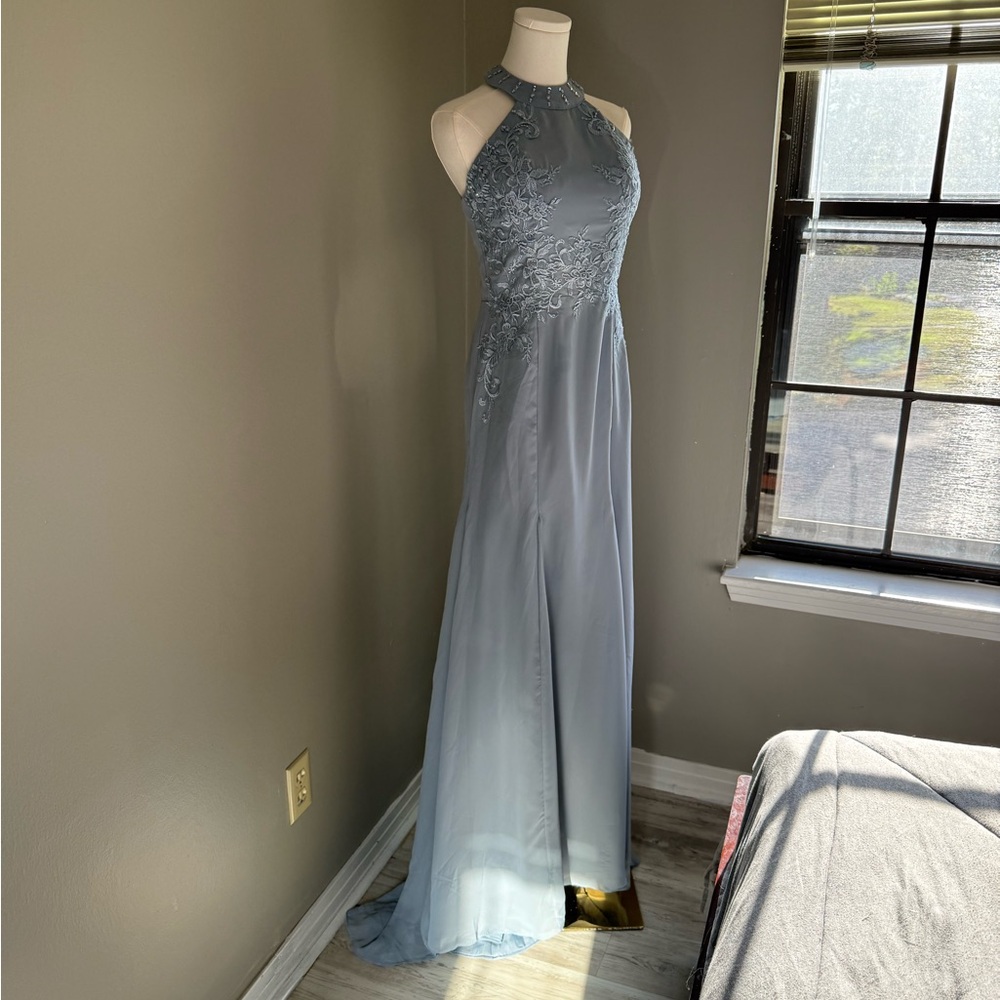 Elegant Blue Halter Evening Gown